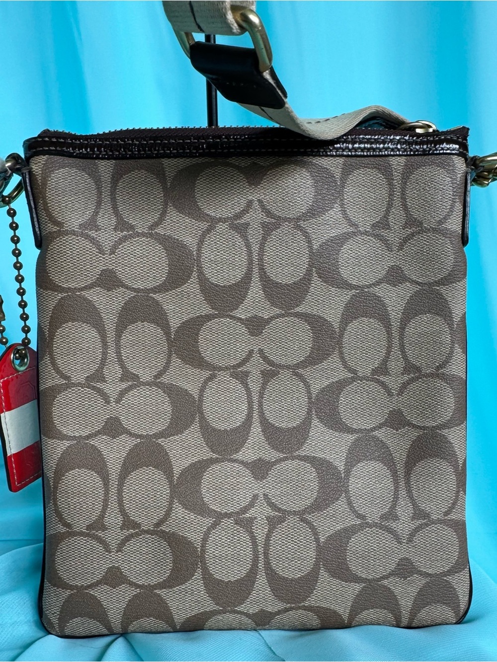 Coach Signature Canvas Crossbody Bag in Brown with Red Logo - Picture 2 of 7